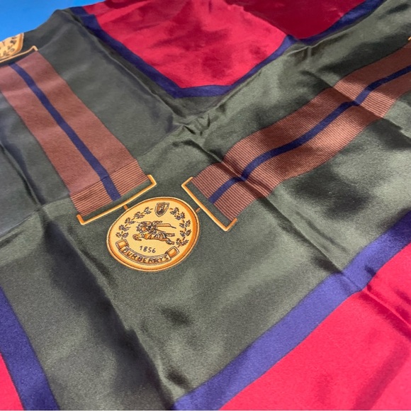 Burberry Burgundy and Navy Silk Scarf - Picture 1 of 13